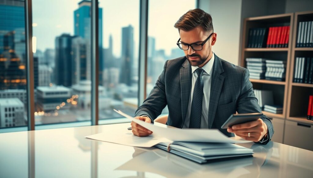 A professional setting featuring a certified property appraiser in a modern office environment. In the foreground, a well-dressed appraiser, with a focused expression, examines documents and uses a calculator on a sleek desk. The middle ground includes a large window displaying a busy cityscape, emphasizing the dynamic nature of the appraisal industry. A bookshelf loaded with appraisal guides and industry reports is visible. The lighting is soft and warm, creating a professional yet inviting atmosphere. The scene is captured from a slightly elevated angle, giving a comprehensive view of the appraiser at work, with an overall mood of diligence and expertise that reflects the importance of expert opinions in financial assessments.