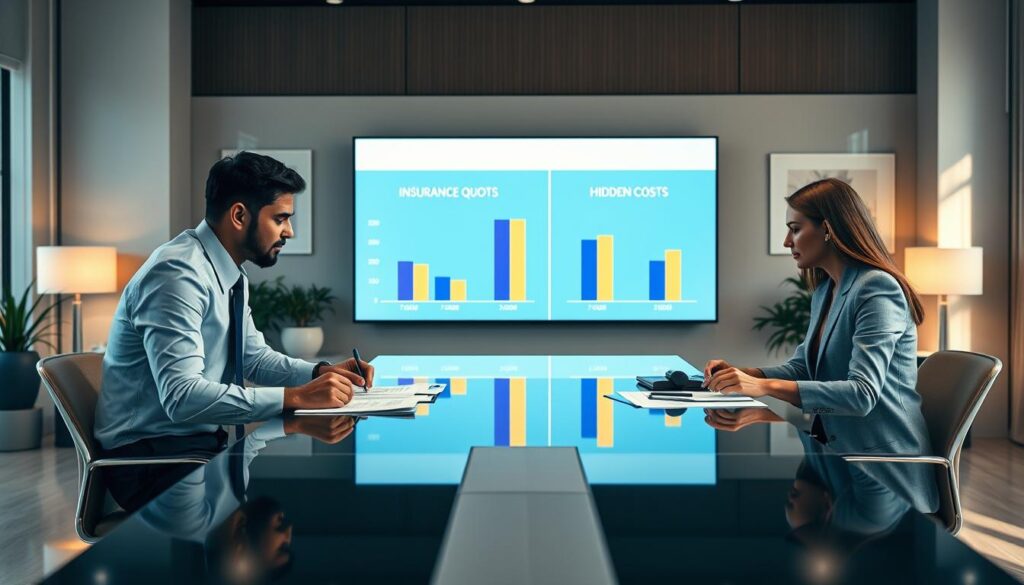 A professional setting showcasing the theme of insurance valuation, with a focus on the hidden costs of quotes. In the foreground, a diverse group of three business professionals, diligently analyzing documents and graphs on a sleek conference table, dressed in smart attire. The middle ground features a large digital screen displaying comparative bar graphs illustrating the differences between two insurance valuations, 7,500 EUR and 15,000 EUR, with highlighted sections for hidden costs. In the background, elegant office decor, including plants and subtle artwork, complements the scene. Soft, warm lighting casts natural shadows, enhancing the atmosphere of focused intensity and professionalism. The angle is slightly elevated, providing a comprehensive view of the discussion and analysis in progress.