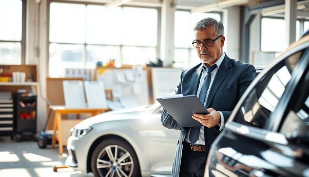 A professional vehicle appraisal scene featuring a MOTOEXPERT expert assessing a car's value. In the foreground, the expert, a middle-aged person in formal business attire, holds a clipboard and examines the vehicle closely. The vehicle is a modern car, shining under bright, natural lighting that enhances its features. In the middle, a workshop or office environment filled with tools, charts, and appraisal documents indicates a bustling atmosphere of car evaluations. In the background, large windows allow daylight to filter in, casting soft shadows that create depth. The mood is professional and focused, reflecting the importance of accurate assessments in vehicle valuation.