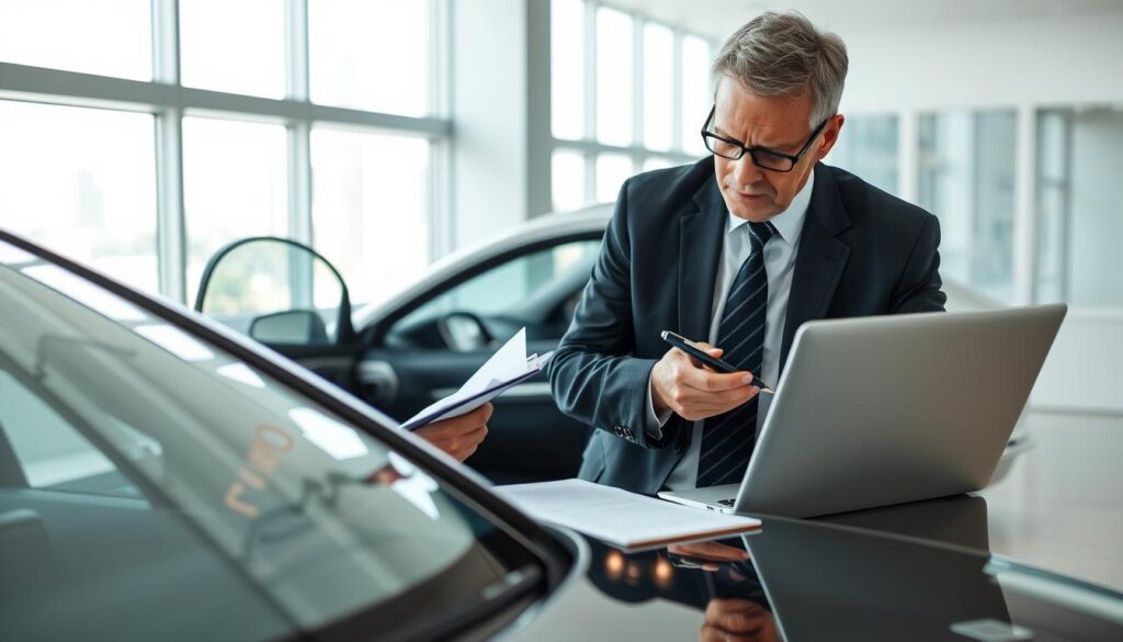 A professional vehicle appraiser, dressed in smart business attire, evaluates a car on a well-lit office setting. In the foreground, the appraiser, a middle-aged individual with short hair and glasses, is intently examining a car's interior with a clipboard and pen in hand. The middle section shows a sleek, modern office desk with a laptop, documents, and a ruler, emphasizing the meticulous nature of the appraisal process. The background features a large window letting in natural light, showcasing a cityscape, enhancing the atmosphere of professionalism and trust. The mood is focused and serious, reflecting the importance of accurate vehicle evaluations in contrast to insurance estimates. The lighting is bright, highlighting the key elements while maintaining a professional tone.