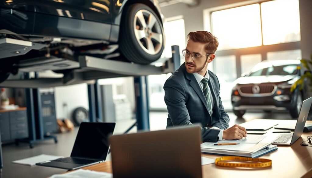A professional vehicle appraiser's office environment, featuring a well-organized desk with documents, a laptop, and tools of the trade like a measuring tape and a vehicle inspection manual. In the foreground, a person in professional business attire examines a vehicle on a lift, looking at its components with a thoughtful expression. In the middle ground, a detailed view of the car's interior and exterior is visible, showcasing markings or concerns relevant to an appraisal. The background features a large window with natural light streaming in, highlighting the clean and modern workspace. The mood is focused and professional, conveying expertise and precision in vehicle assessment. Use soft lighting to enhance the details and create a calm atmosphere.