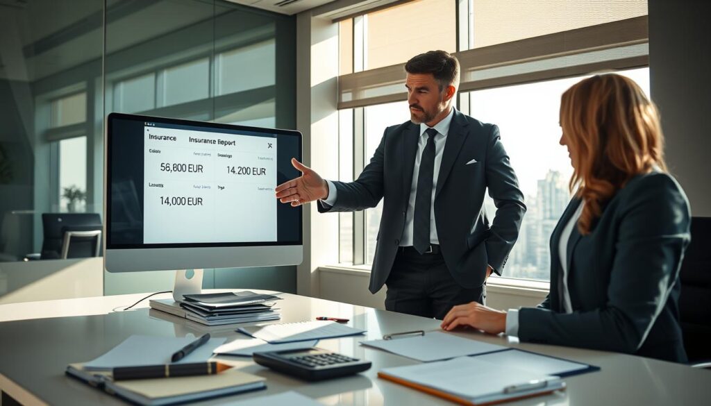 A professional, well-lit office environment showcasing two business people in smart business attire engaged in a discussion. In the foreground, one person gestures toward a computer screen displaying an insurance claim report, prominently featuring two contrasting figures: 6,800 EUR and 14,200 EUR. The middle ground has a sleek meeting table cluttered with folders, documents, and a calculator, symbolizing negotiation. In the background, a large window allows natural light to stream in, illuminating the scene, with a cityscape visible outside, suggesting a modern urban setting. The mood is focused and serious, conveying the importance of evaluating insurance assessments, with a slight sense of urgency reflected in the body language of the individuals.