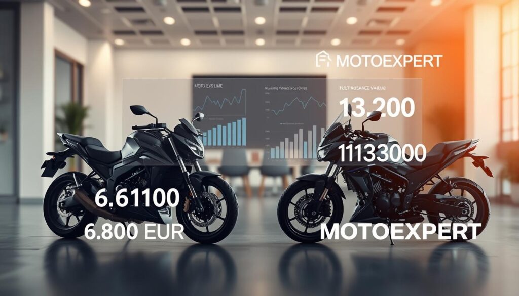 A side-by-side comparison of two motorcycle valuations: on the left, a detailed graphical representation of the insurance valuation at 6,100 EUR; on the right, a visually striking representation of the MOTOEXPERT valuation at 13,200 EUR. The foreground features sleek motorcycle silhouettes that symbolize each value, with a soft glow highlighting their differences. In the middle background, overlay graphs and charts illustrate key data points, displayed in a clean and professional style. The background should include an office environment with a modern feel, softly lit to create an analytical and professional atmosphere. The overall mood reflects clarity and insightfulness, allowing viewers to easily grasp the differences in valuations.