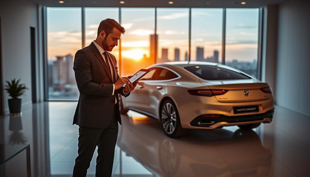 A sleek and modern office space designed for vehicle valuation, showcasing the "MOTOEXPERT" brand prominently. In the foreground, a professional-looking business consultant, dressed in a smart suit, examines a digital tablet displaying vehicle data. The middle ground features a high-quality vehicle, possibly a sleek car model, parked beneath soft, warm lighting, emphasizing its polished surface. In the background, a large window reveals a cityscape at sunset, casting golden hues across the room, creating a sophisticated atmosphere. The overall mood is one of professionalism and expertise, highlighting the value proposition of "MOTOEXPERT" in vehicle valuation. The composition is clean and uncluttered, focusing on the interaction between the consultant and the vehicle.