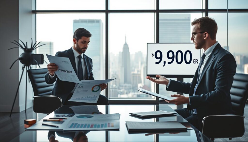 A split image illustrating the differences in valuations for insurance, with a left side depicting a sleek, modern office setting where a financial analyst, dressed in professional attire, is analyzing a report showing 4,700 EUR. On the right side, the same setting shows a different analyst, also in professional attire, presenting a larger figure of 9,900 EUR on a digital screen. The foreground displays charts and graphs indicating the discrepancies, while the middle features both analysts engaged in discussion. The background should show a city skyline through large office windows, bathed in natural light to create a bright and professional atmosphere, suggesting a serious and informative mood.