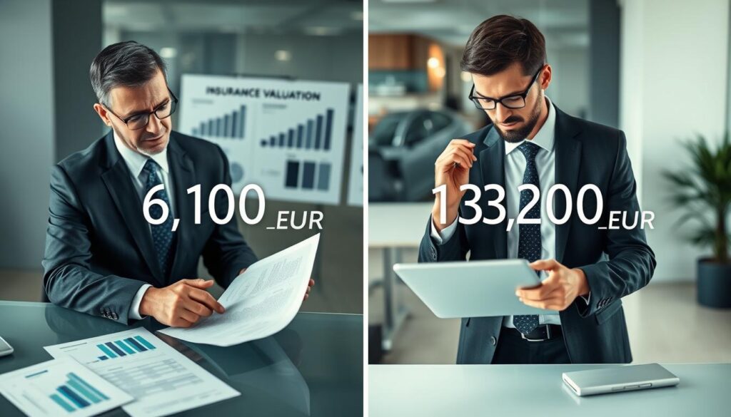 A split image showcasing a comparison between two insurance valuations, with the left side depicting a serious insurance appraiser in a business suit examining documents, surrounded by charts and numerical data reflecting a valuation of 6,100 EUR. The right side shows a professional appraiser from MOTOEXPERT, also in business attire, confidently analyzing higher valuation figures of 13,200 EUR on a digital tablet. The background features an abstract office setting with soft lighting that highlights the contrasting valuations. The atmosphere is analytical and focused, emphasizing professional expertise. Use a slight top-down angle to capture both appraisers in their environments, ensuring the scene conveys a sense of trust and professionalism in both evaluations.
