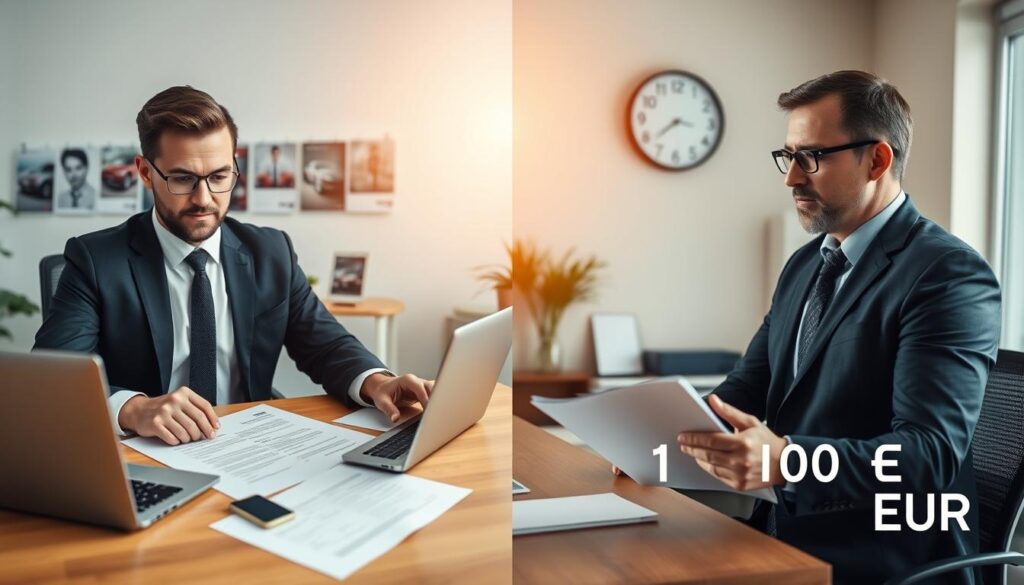 A split image showcasing two different car insurance options in a professional setting. On the left, a well-dressed insurance agent sitting at a desk with a laptop open, evaluating a low-priced policy, surrounded by documents and a calculator, representing a valuation of 7,100 EUR. On the right, a second agent, equally professional, engages with a client, discussing a more comprehensive and expensive policy valued at 13,500 EUR. The background displays insurance brochures and a wall clock showing time, emphasizing urgency and decision-making. The lighting is bright and warm, creating an inviting atmosphere. The camera angle is slightly elevated, focusing on the engaging interactions, reflecting professionalism and trust in the insurance industry.