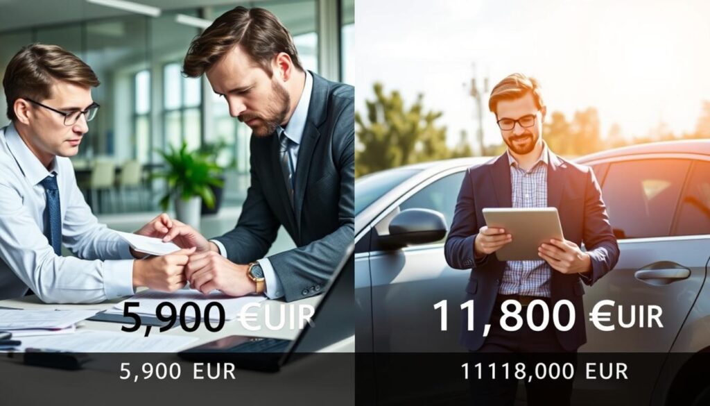 A split scene depicting the differences in vehicle valuations. On the left, a professional insurance adjuster in business attire, examining a car's details, surrounded by papers and a calculator on a desk, illustrating the 5,900 EUR valuation. On the right, a vehicle appraiser in smart casual clothing, evaluating a car outdoors with a tablet, showcasing the 11,800 EUR valuation. The background features contrasting environments: a corporate office on the left and a sunny outdoor setting on the right. The lighting is bright and natural, emphasizing the clarity and differences in both settings. The mood is analytical and informative, focusing on the valuation process in a clear, engaging manner.
