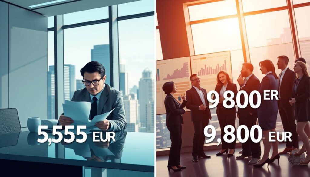 A split-screen illustration comparing two car insurance values: on the left, 5,555 EUR in a modern, sleek office setting with a business professional analyzing documents on a desk, wearing a suit and glasses, with focused expression; on the right, 9,800 EUR in a vibrant, dynamic atmosphere featuring a digital screen displaying statistics and graphs, with a diverse group of professionals, all dressed in business attire, discussing animatedly. The background shows a city skyline through large windows, conveying a sense of professionalism and urgency. Natural light floods the scene, highlighting the contrast between the two values, evoking a serious yet hopeful mood. The angle is slightly elevated, capturing the essence of comparison effectively.