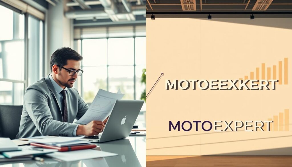 A split-screen image illustrating insurance valuation differences, with the left side showing a professional insurance agent in business attire analyzing figures and charts at a desk cluttered with papers and a laptop. The right side depicts a modern financial workspace with a bright, open atmosphere, showcasing the logo of MOTOEXPERT with an impressive figure displayed prominently. Use a warm color palette for a welcoming feel, with natural light streaming through large windows. In the background, abstract financial graphics and data analytics visualizations create a sense of professionalism. The composition should evoke a mood of analytical comparison, emphasizing the contrasts in valuation amounts. The overall perspective should be slightly elevated, focusing on clarity and detail.