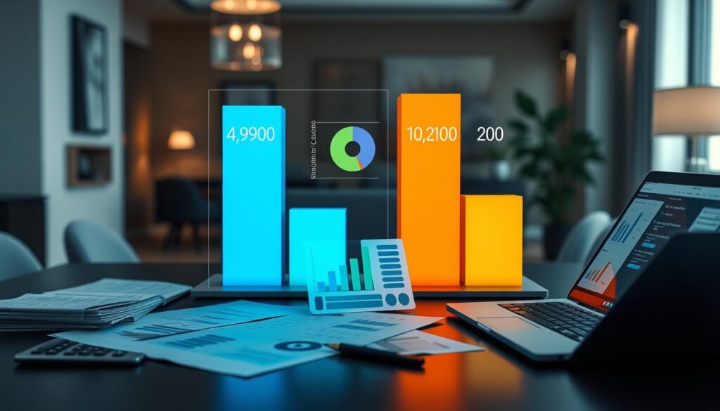 A visually engaging comparison of insurance valuations, featuring two bar graphs side by side, one labeled "4,900 EUR" in cool blue tones, and the other labeled "10,200 EUR" in vibrant orange. In the foreground, include a sleek desk scattered with financial documents and a laptop displaying a spreadsheet, suggesting analysis and deep focus. The middle ground should feature a semi-transparent overlay showing a pie chart and calculator, blending seamlessly with the bar graphs. The background is softly blurred, depicting an elegant office space with soft ambient lighting casting a professional atmosphere. Use a slight overhead angle to create depth and a sense of engagement. The overall mood conveys professionalism, precision, and financial insight.