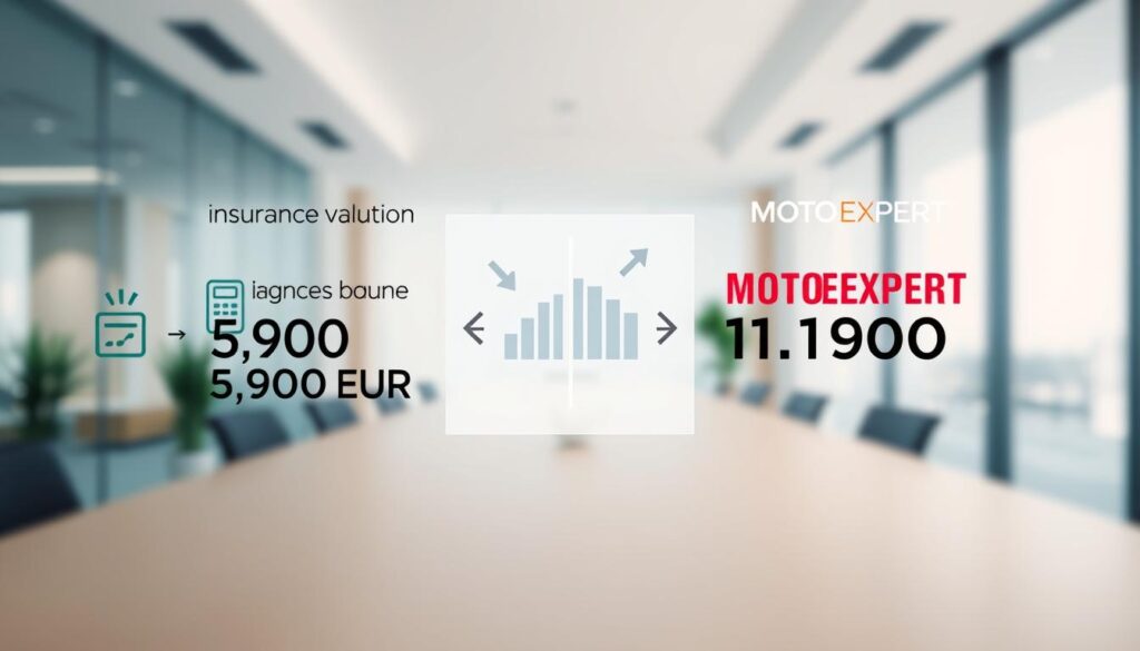 A visually engaging infographic-style image featuring a side-by-side comparison of two car insurance valuations: one representing "Insurance Valuation: 5,900 EUR" and the other "MOTOEXPERT: 11,800 EUR." In the foreground, display clear, distinct icons or symbols representing each valuation, such as two stylized dollar signs or calculators. The middle ground should include visual elements like charts or arrows illustrating the difference between the two amounts, with a sleek, modern design. In the background, create a subtle, professional office environment with soft lighting to establish a business atmosphere. Use a wide-angle perspective to enhance depth, ensuring the image remains balanced and uncluttered, without any text overlays or distractions.