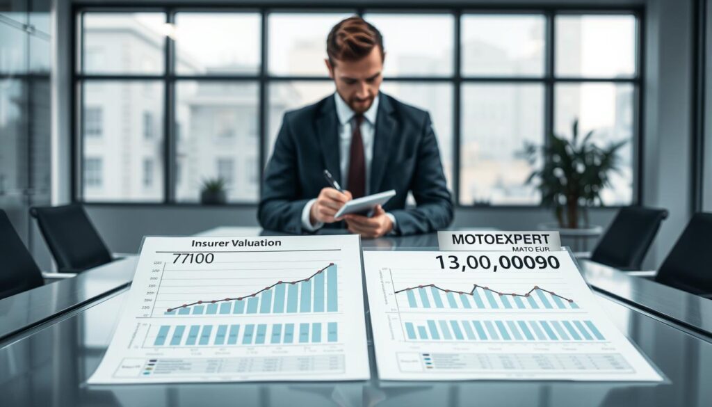 A visually striking image depicting a comparison of car insurance valuations, set in a modern office environment. In the foreground, display two large, detailed charts on a sleek conference table: one labeled “Insurer Valuation 7,100 EUR” and the other “MOTOEXPERT 13,500 EUR,” both filled with clear graphs and data points. In the middle ground, a professional business person, dressed in a suit, is analyzing the charts with a thoughtful expression, holding a pen and a notepad. In the background, large windows let in soft natural light, illuminating the room and creating a productive atmosphere. The color palette is cool and professional, with blues and grays dominating, conveying a mood of careful analysis and decision-making.
