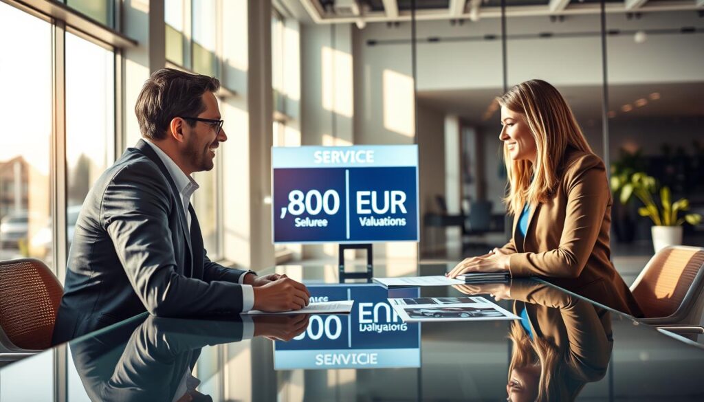 A visually striking image depicting vehicle insurance services. In the foreground, a professional insurance consultant, dressed in business attire, is engaging with a client across a sleek glass table, showcasing documents and automotive visuals. The middle ground features a digital display of two contrasting car valuations: "6,800 EUR" versus "14,200 EUR," symbolizing the differences in service. The background includes a modern office setting with large windows, letting in warm, natural light that casts soft shadows, enhancing the professional ambiance. The mood is confident and reassuring, emphasizing the value of thorough insurance assessment. Use a slightly elevated angle to capture the interaction clearly, with a focus on expressions of engagement and trust.