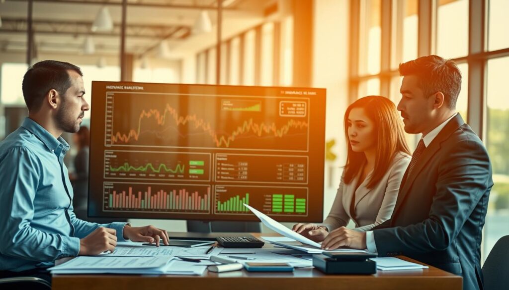 A visually striking scene depicting the complexities of insurance valuation. In the foreground, a diverse group of three business professionals in professional attire are engaged in a serious discussion over a table filled with financial documents, charts, and calculators, their expressions reflecting concern and determination. The middle layer shows a large digital screen displaying fluctuating graphs and numbers, symbolizing market challenges and varying valuations. In the background, a blurred image of an office environment with large windows allowing natural light to filter in, creating a bright yet serious atmosphere. The lighting is soft, highlighting the intensity of the discussion while casting subtle shadows. The overall mood conveys a sense of urgency and focus, illustrating the challenges faced in the valuation process.