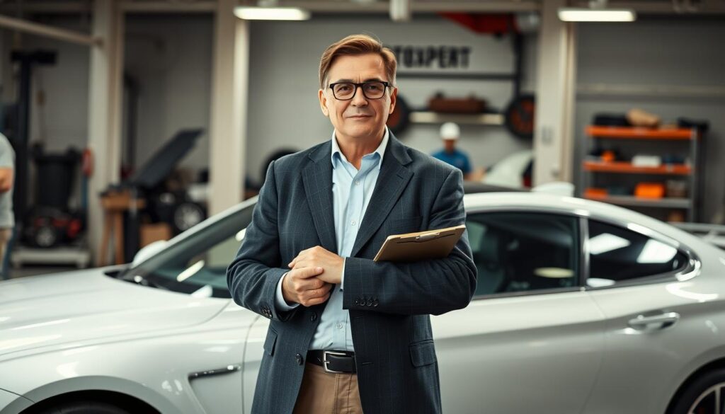 A well-dressed automobile expert, representing "MOTOEXPERT," stands confidently at the forefront. They are analyzing a sleek, modern car with diagnostic tools in hand, symbolizing professionalism and expertise. In the background, a workshop environment with automotive parts and tools adds a sense of industry. Soft, natural lighting illuminates the scene, creating an inviting atmosphere. The expert, a middle-aged individual with glasses, wears a smart blazer and carries a clipboard. The camera angle is slightly low, emphasizing their authoritative presence as they assess the vehicle's value. The overall mood conveys reliability and trustworthiness, complementing the idea of MOTOEXPERT as a credible appraiser.