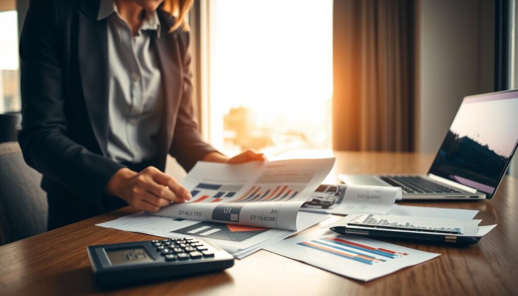 An office setting focused on the evaluation of damage costs. In the foreground, a professional businesswoman, dressed in a neat blazer and blouse, is analyzing documents with numbers and photographs of a damaged vehicle spread in front of her. In the middle ground, a large calculator and a laptop are highlighted, displaying charts and figures that emphasize contrasting valuations. In the background, a window shows a cityscape, with diffused natural light entering, suggesting a late afternoon atmosphere. The overall mood is serious and contemplative, reflecting the weight of financial decisions and their implications. The scene incorporates soft shadows and a warm color palette to evoke a sense of professionalism and urgency.
