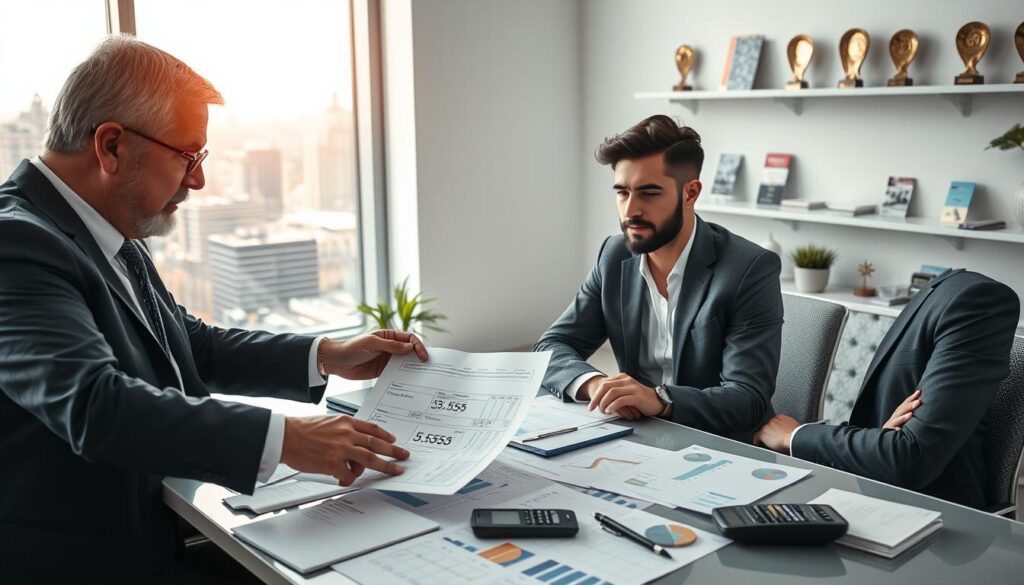 A close-up scene of an insurance broker and a client engaged in discussion over a detailed insurance proposal. In the foreground, the broker, a middle-aged professional in a suit, points to key figures on the document, illustrating the offer of 5,555 EUR. The client, a younger individual in smart casual attire, listens intently, sitting at a sleek modern desk cluttered with charts and calculators. In the middle ground, a large window reveals a bustling cityscape, with soft natural light streaming in, creating an inviting atmosphere. The background features a clean office environment with shelves holding insurance brochures and awards, subtly indicating professionalism and trust. The overall mood conveys a serious yet optimistic tone, emphasizing the importance of understanding insurance evaluations.