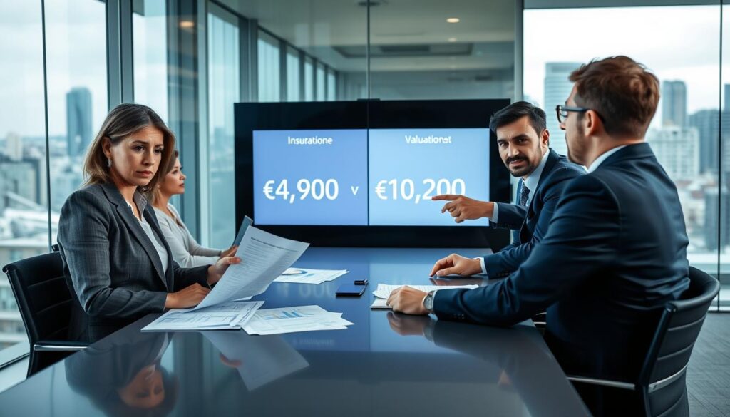 A concerned group of clients in a modern office environment, sitting around a sleek conference table, examining charts and documents related to insurance valuations. In the foreground, a middle-aged woman in a professional business suit looks worried as she reviews a report. Beside her, a younger man in smart casual attire gestures towards a large digital display showing contrasting valuation figures: €4,900 versus €10,200. The background features glass walls revealing a city skyline outside, suggesting a vibrant, bustling atmosphere. Soft, diffused lighting enhances the seriousness of the discussion, while the overall mood is one of uncertainty and concern, capturing the essence of client's apprehensions about valuation discrepancies.