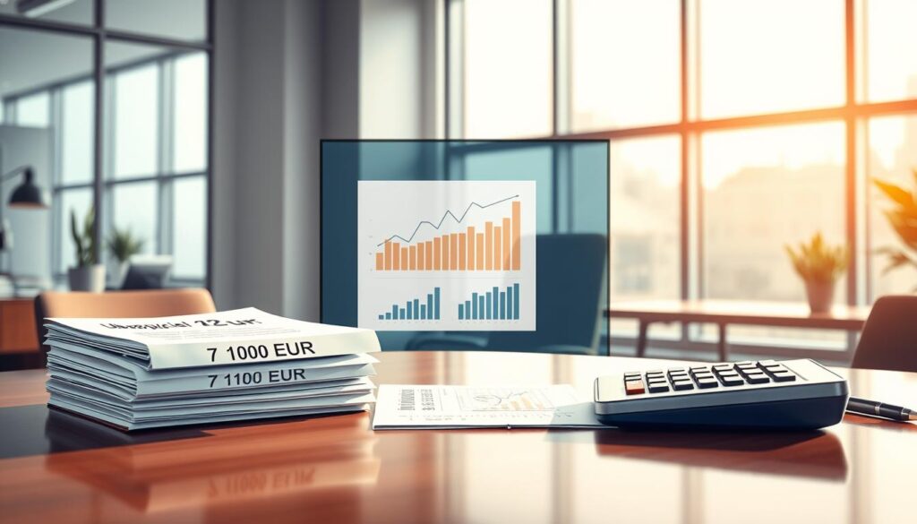 A detailed illustration depicting a split-screen analysis of two insurance valuations. On the left, showcase the "Ubezpieczyciel 7 100 EUR" with a focus on a professional, visually appealing infographic style. The foreground features a stack of documents labeled "7 100 EUR" on a polished desk, with a calculating device like a financial calculator nearby. In the middle, depict charts and graphs illustrating the valuation process, pristine and clear, under soft, diffused lighting that adds warmth. The background should be a modern, minimalistic office setting with large windows allowing natural light to pour in, creating a professional yet inviting atmosphere. Aim for a mood of analytical clarity and financial insight, ensuring there are no people present in the scene.