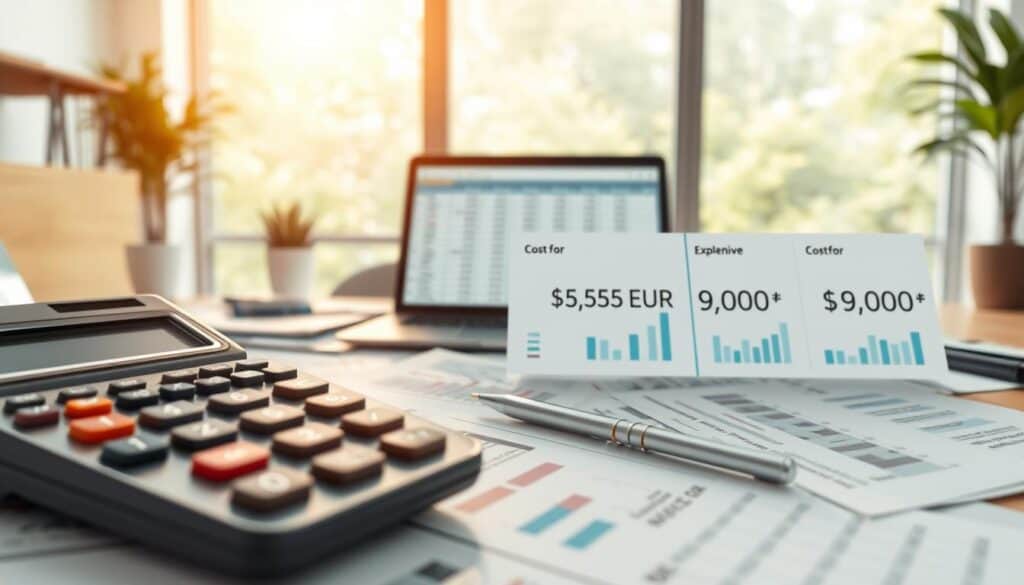 A detailed illustration depicting the concept of "additional costs" related to insurance assessments. In the foreground, a professional-looking calculator with financial graphs and documents scattered around, highlighting expenses. In the middle ground, a well-organized office desk with a laptop showing a spreadsheet, and separate charts comparing costs, including the amounts 5,555 EUR and 9,800 EUR. The background should feature a large window with soft natural light streaming in, creating a bright and welcoming atmosphere. The overall mood should be serious yet insightful, conveying a sense of financial analysis and decision-making. The image should be well-composed with a focus on clarity and professionalism.