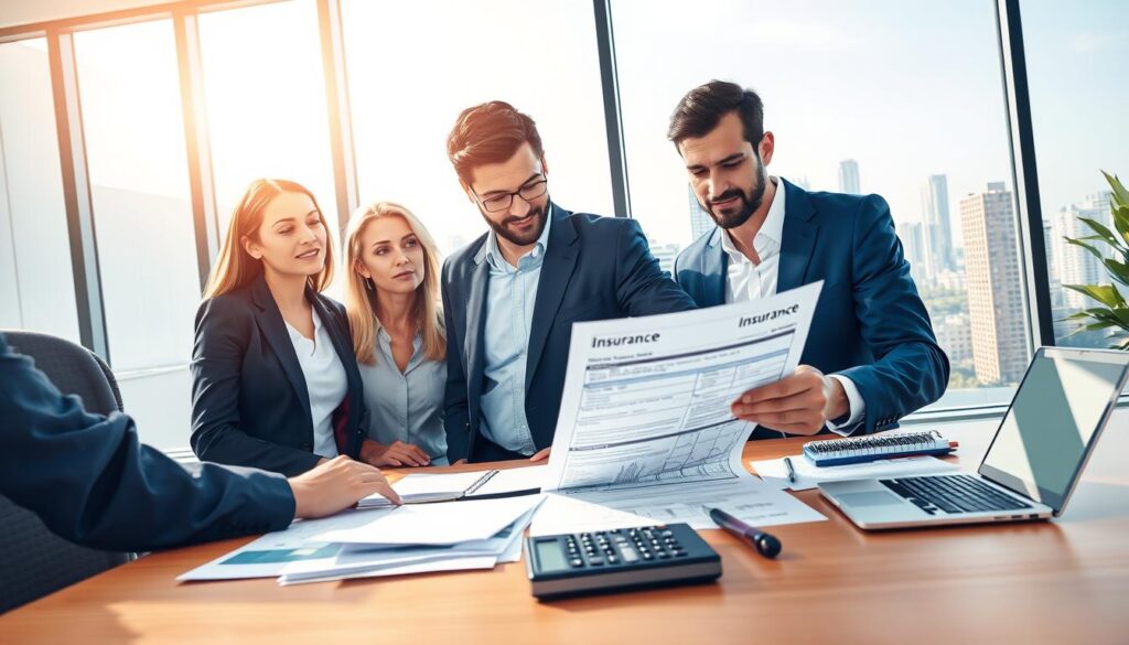 A detailed illustration depicting the theme of car insurance with a focus on the assessment process. In the foreground, a diverse group of three professionals in business attire discuss a document representing an insurance quote, appearing engaged and focused. The middle section shows a modern office environment with a desk cluttered with papers, a laptop, and a calculator, hinting at financial analysis. In the background, a large window reveals a bright cityscape, symbolizing progress and opportunity. Soft, natural lighting streams through the window, creating a positive, professional atmosphere. The image should be captured at eye level, emphasizing the seriousness and importance of the insurance evaluation process.