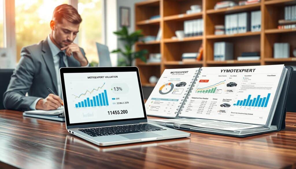 A detailed illustration of a professional setting showcasing the concept of "Wycena MOTOEXPERT: 14 200 EUR." In the foreground, a polished wooden desk with a modern laptop displaying financial charts and graphs, symbolizing valuation processes. To the left, a professional business person in formal attire, looking thoughtfully at the laptop, taking notes on a notepad. In the middle, an open binder labeled "MOTOEXPERT Valuation" featuring documents and graphics comparing vehicle evaluations in a clear layout. In the background, soft-focus office elements, like bookshelves with financial literature and a window with natural light streaming in, creating a bright and optimistic atmosphere. The overall mood is analytical and professional, emphasizing the importance of accurate vehicle valuation. A detailed illustration of a professional setting showcasing the concept of "Wycena MOTOEXPERT: 14 200 EUR." In the foreground, a polished wooden desk with a modern laptop displaying financial charts and graphs, symbolizing valuation processes. To the left, a professional business person in formal attire, looking thoughtfully at the laptop, taking notes on a notepad. In the middle, an open binder labeled "MOTOEXPERT Valuation" featuring documents and graphics comparing vehicle evaluations in a clear layout. In the background, soft-focus office elements, like bookshelves with financial literature and a window with natural light streaming in, creating a bright and optimistic atmosphere. The overall mood is analytical and professional, emphasizing the importance of accurate vehicle valuation.