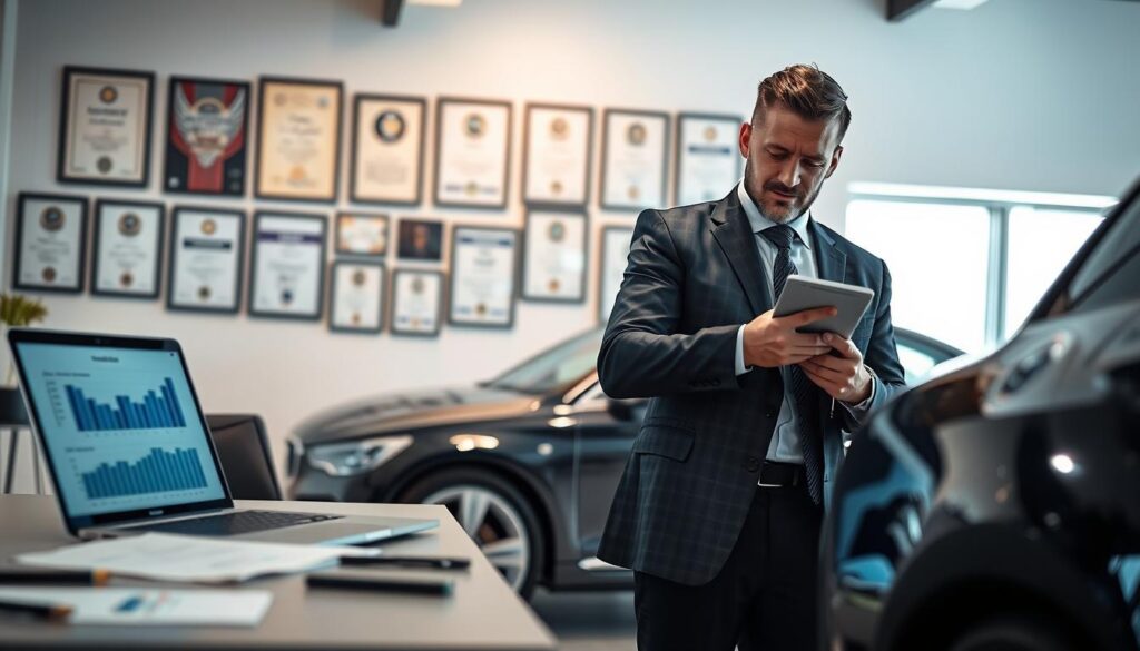 A detailed scene depicting a professional vehicle appraiser, "rzeczoznawca MOTOEXPERT," analyzing a car in a modern office environment. In the foreground, a well-dressed appraiser in a formal suit examines a luxury sedan with a clipboard in hand. The middle layer features a large desk with appraisal tools, a laptop displaying graphs and statistics related to vehicle valuations, and an open window allowing natural light to illuminate the space. In the background, there is a wall adorned with framed automotive certificates and awards, conveying expertise and professionalism. The overall atmosphere is one of focus and diligence, emphasizing the importance of accurate vehicle valuation. The lighting is bright and professional, enhancing the clarity of the scene.