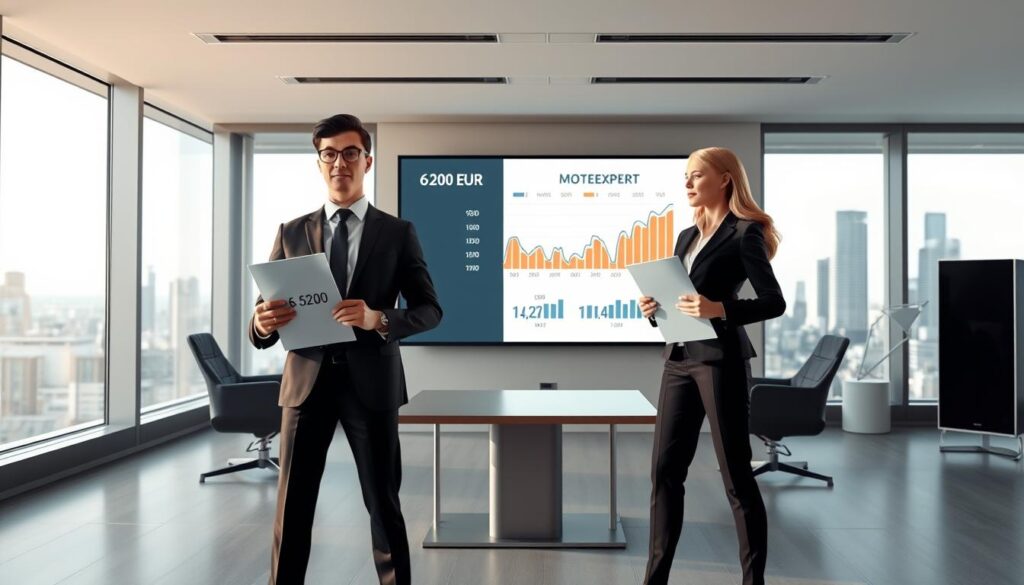 A dynamic scene illustrating a professional debate between two characters representing "ubezpieczyciel" and "MOTOEXPERT." In the foreground, a male and female character stand confidently, dressed in sharp business attire, holding documents and charts that reflect their respective valuations. The middle ground features a modern conference room setup with a large presentation screen displaying financial graphs, juxtaposing the values of 6,200 EUR and 11,400 EUR. The background includes sleek, minimalist elements like glass windows offering a view of a city skyline. Soft, natural lighting enhances the professional atmosphere, emphasizing focus and distinction between the two subjects while maintaining a serious yet engaging mood. The angle captures a slightly elevated perspective, allowing both characters to be prominently featured.