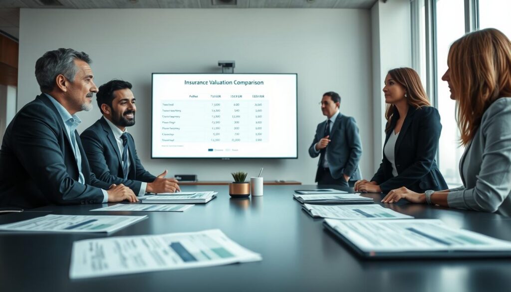 A professional and modern office environment serves as the backdrop, featuring a sleek conference table covered with financial documents and reports indicating an insurance valuation comparison. In the foreground, a diverse group of three clients dressed in professional business attire, two men and one woman, engaged in discussion, their expressions conveying curiosity and concern about the valuations of 7,500 EUR and 15,000 EUR. The middle ground shows a large screen displaying a detailed comparison chart. Soft, natural lighting filters through large windows, creating a welcoming atmosphere, while a low-angle view captures the clients’ engagement. The overall mood is one of thoughtful deliberation and professional inquiry, ideal for the topic at hand.