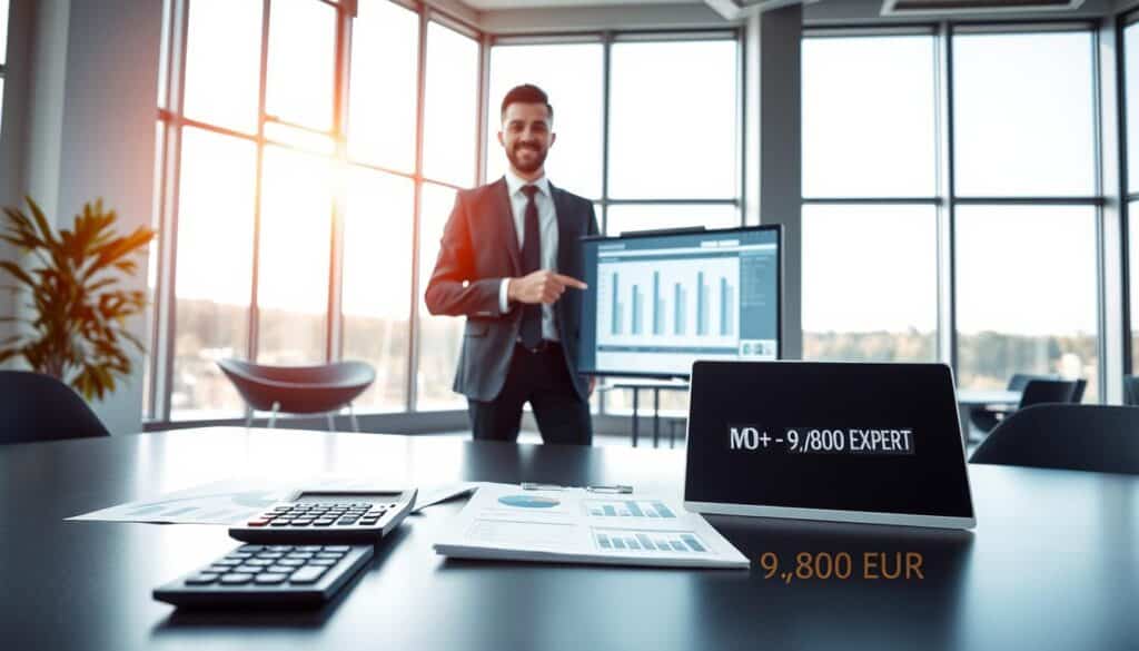 A professional and sleek office environment with a focus on a table displaying financial documents and charts labeled "MOTOEXPERT - 9,800 EUR". In the foreground, a calculator rests beside a laptop, emphasizing the analytical aspect. In the middle, a confident business professional in formal attire points to a digital screen showcasing automotive valuations. The background features a modern office setting with large windows allowing natural light to flood the room, illuminating the space and creating a bright, optimistic atmosphere. The color palette is composed of blues and grays, suggesting professionalism and trustworthiness. The image should evoke a sense of financial analysis and clarity, perfect for illustrating the valuation topic.