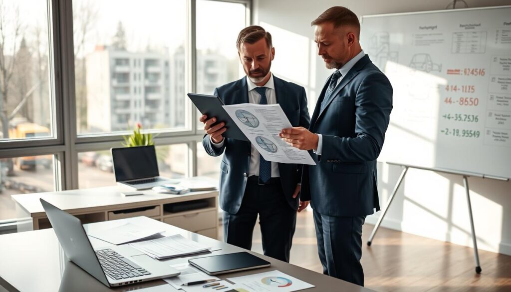 A professional assessor, or "rzeczoznawca", stands in a modern office setting, analyzing car accident documentation on a sleek desk. He is dressed in a tailored navy suit, holding a digital tablet in one hand while examining a printed report with the other. The office has large windows allowing natural light to pour in, highlighting the cluttered desk with papers and a laptop. In the background, a large whiteboard displays complex diagrams and figures associated with vehicle assessments. The mood is serious and focused, emphasizing the importance of thorough inspections. Capture this scene with a slight angle above eye level, using soft lighting to create an inviting yet professional atmosphere.