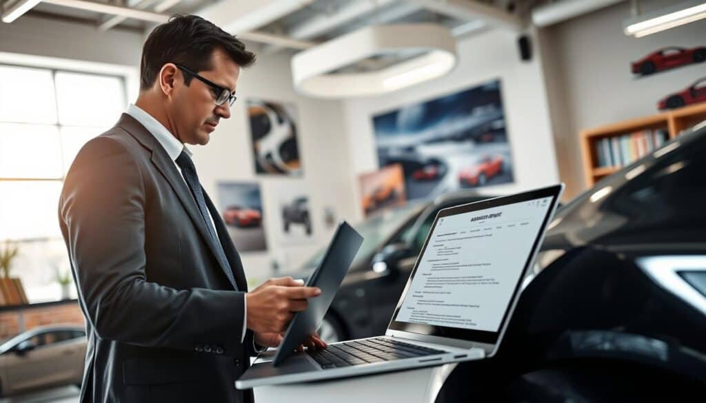 A professional automobile expert, dressed in smart business attire, meticulously inspecting a vehicle in a well-lit automotive office. In the foreground, the expert is focused on a laptop displaying a comprehensive valuation report. The middle ground features a sleek car under bright LED lights, highlighting its elegant curves and details. The background shows a modern office space with automotive posters and shelves filled with car-related books. The atmosphere is serious yet optimistic, with a sense of expertise and confidence. Soft, natural light filters through large windows, casting gentle shadows and enhancing the professionalism of the scene. The angle captures both the expert’s intense focus and the luxury of the car. A professional automobile expert, dressed in smart business attire, meticulously inspecting a vehicle in a well-lit automotive office. In the foreground, the expert is focused on a laptop displaying a comprehensive valuation report. The middle ground features a sleek car under bright LED lights, highlighting its elegant curves and details. The background shows a modern office space with automotive posters and shelves filled with car-related books. The atmosphere is serious yet optimistic, with a sense of expertise and confidence. Soft, natural light filters through large windows, casting gentle shadows and enhancing the professionalism of the scene. The angle captures both the expert’s intense focus and the luxury of the car.
