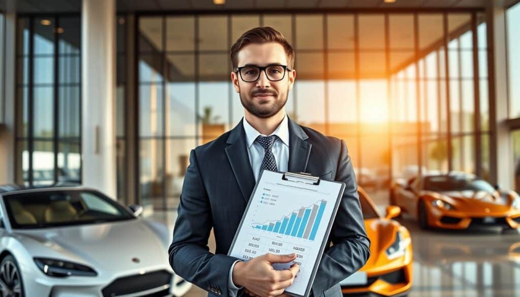 A professional automotive appraiser, dressed in a sharp business suit, stands confidently in front of a sleek, modern office building, holding a clipboard with graphs and numerical data reflecting car valuations. The foreground captures the appraiser with a focused expression, showcasing his expertise. In the middle, the office environment features a large window revealing a bright, sunny day that symbolizes clarity and trust. In the background, luxury cars are visible, emphasizing the appraisal subject matter. Warm lighting enhances the scene, projecting a sense of professionalism and reliability. The atmosphere is serious yet approachable, underlining the importance of accurate vehicle valuation in financial discussions. The image should be clear and detailed, evoking the theme of thorough assessment and expertise in automotive valuation. A professional automotive appraiser, dressed in a sharp business suit, stands confidently in front of a sleek, modern office building, holding a clipboard with graphs and numerical data reflecting car valuations. The foreground captures the appraiser with a focused expression, showcasing his expertise. In the middle, the office environment features a large window revealing a bright, sunny day that symbolizes clarity and trust. In the background, luxury cars are visible, emphasizing the appraisal subject matter. Warm lighting enhances the scene, projecting a sense of professionalism and reliability. The atmosphere is serious yet approachable, underlining the importance of accurate vehicle valuation in financial discussions. The image should be clear and detailed, evoking the theme of thorough assessment and expertise in automotive valuation.