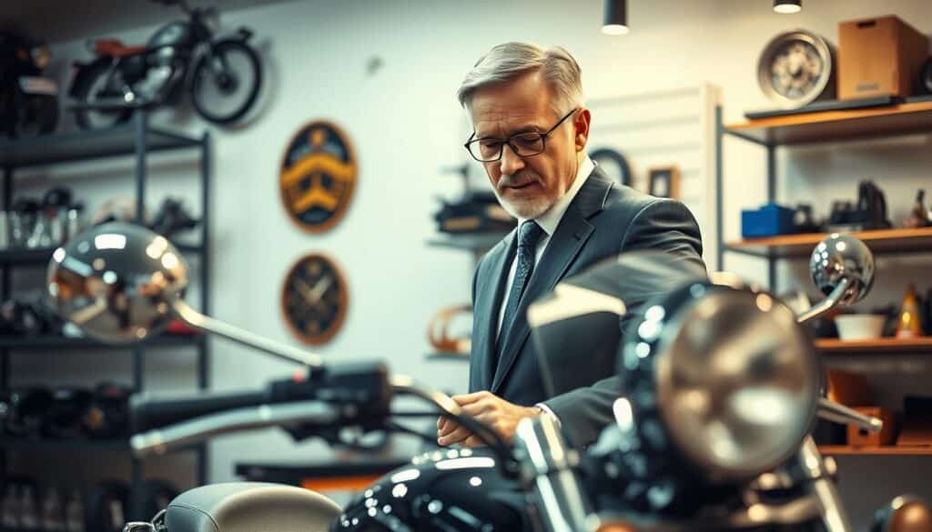 A professional automotive expert, depicted as a middle-aged man in a sharp business suit, is closely examining a high-end motorcycle. He stands in a well-lit, modern office environment enriched with automotive memorabilia. In the background, shelves filled with motorcycle parts and equipment subtly highlight his expertise. The lighting is soft yet focused, creating a warm ambiance that suggests professionalism and trust. The lens captures a slightly angled perspective, emphasizing both the expert's attentive demeanor and the motorcycle's gleaming chrome details. The atmosphere is one of credibility and assurance, evoking a sense of reliability in motorcycle evaluations. A professional automotive expert, depicted as a middle-aged man in a sharp business suit, is closely examining a high-end motorcycle. He stands in a well-lit, modern office environment enriched with automotive memorabilia. In the background, shelves filled with motorcycle parts and equipment subtly highlight his expertise. The lighting is soft yet focused, creating a warm ambiance that suggests professionalism and trust. The lens captures a slightly angled perspective, emphasizing both the expert's attentive demeanor and the motorcycle's gleaming chrome details. The atmosphere is one of credibility and assurance, evoking a sense of reliability in motorcycle evaluations.