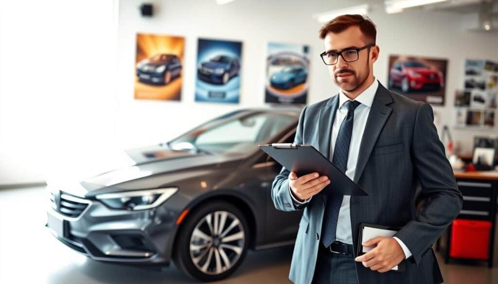 A professional automotive expert, dressed in a smart business suit, stands confidently next to a modern car in an office environment. The foreground features the expert examining the vehicle with a focused expression, holding a clipboard with detailed notes. In the middle ground, the sleek car is placed under bright, natural light that highlights its features, showcasing its well-maintained condition. The background reveals a spacious, contemporary office with soft lighting, inspirational automotive posters, and a desk filled with automotive magazines and tools. The overall mood is one of professionalism and expertise, emphasizing the importance of accurate vehicle valuation. The image captures a sense of trustworthiness and authority in the field of automotive assessment. A professional automotive expert, dressed in a smart business suit, stands confidently next to a modern car in an office environment. The foreground features the expert examining the vehicle with a focused expression, holding a clipboard with detailed notes. In the middle ground, the sleek car is placed under bright, natural light that highlights its features, showcasing its well-maintained condition. The background reveals a spacious, contemporary office with soft lighting, inspirational automotive posters, and a desk filled with automotive magazines and tools. The overall mood is one of professionalism and expertise, emphasizing the importance of accurate vehicle valuation. The image captures a sense of trustworthiness and authority in the field of automotive assessment.