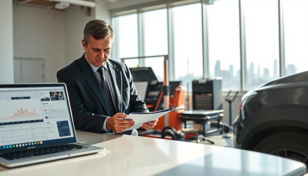A professional automotive expert, dressed in a tailored business suit, examines a vehicle in a well-lit office environment. The foreground features a sleek desk with a laptop displaying technical automotive data. The expert, a middle-aged man with short, neatly combed hair, is focused on a clipboard filled with evaluation notes. In the middle ground, various automotive tools and diagnostic equipment are arranged neatly. The backdrop reveals large windows allowing natural light to pour in, creating an inviting atmosphere with the city skyline subtly visible outside. Soft shadows enhance the clarity of the scene, conveying a sense of professionalism and expertise. The overall mood is serious yet approachable, emphasizing the role of a trusted automotive appraiser in the evaluation process.