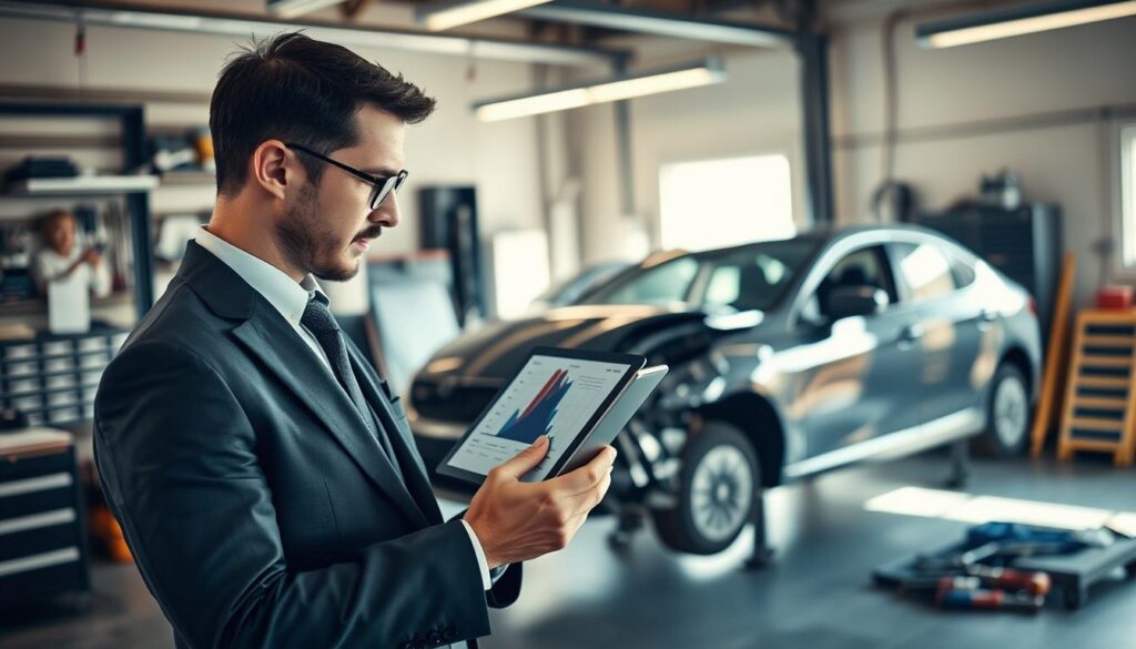 A professional automotive expert, dressed in a tailored business suit, is reviewing a damaged vehicle in a well-lit garage environment. In the foreground, he holds a tablet displaying detailed assessment data while observing the car's condition meticulously. The middle ground features the car, highlighted by soft overhead lighting to emphasize its dented areas, with tools neatly arranged nearby. In the background, tools and equipment suggest a professional and organized setting. The scene captures a sense of professionalism and expertise, reflecting the serious nature of vehicle assessment. The mood is focused and analytical, with natural light streaming through a window, creating a warm contrast to the metallic tones of the garage.