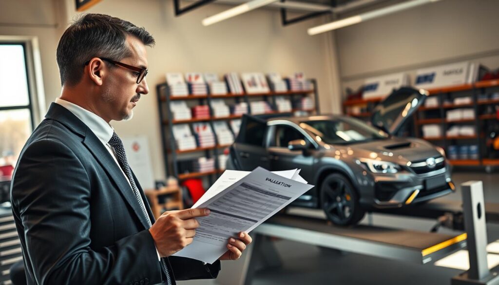 A professional automotive expert, dressed in business attire, is examining a detailed report in a modern office space. The foreground features the expert analyzing a vehicle valuation document with a focused expression, surrounded by high-tech tools and equipment. In the middle ground, a sleek car is parked on a lift, showcasing its interior, contributing to the automotive theme. The background displays shelves filled with automotive manuals and inspection tools, emphasizing the expert's profession. The lighting is bright and warm, creating a welcoming atmosphere, with sunlight streaming through large windows. The angle captures the expert in profile, creating a dynamic perspective that invites the viewer into the scene. The overall mood is serious yet professional, reflecting the importance of accurate vehicle assessments.