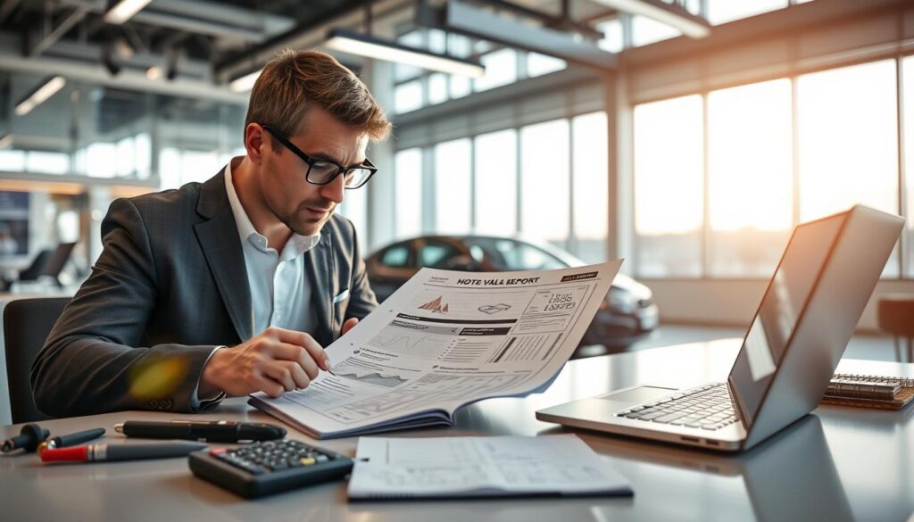 A professional automotive expert from MOTOEXPERT, dressed in business attire, is inspecting a detailed vehicle valuation report on a sleek desk. The foreground features the expert focusing intently on the report, with various automotive tools and a laptop surrounding them. In the middle ground, the desk is adorned with a calculator and a notepad filled with annotated data. The background showcases a modern office environment with large windows allowing natural light to flood in, creating a bright and sophisticated atmosphere. The lighting highlights the expert's focused expression, emphasizing their expertise in vehicle appraisal. The mood is one of professionalism and diligence, ideal for an analysis on valuation methods.