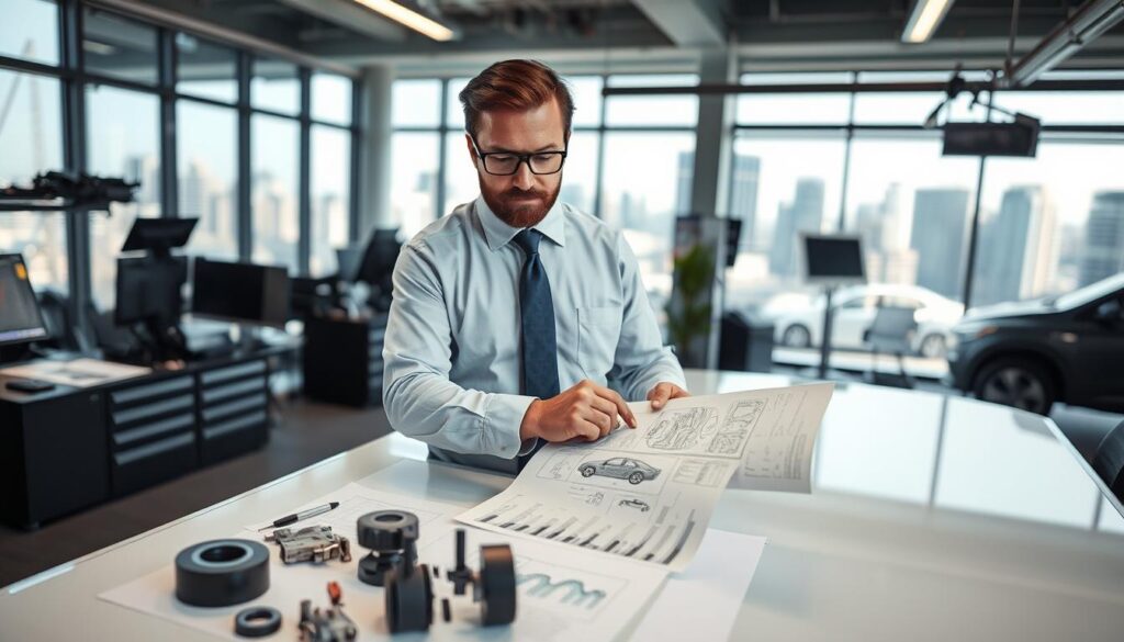 A professional automotive expert in business attire, standing confidently in a modern office filled with technical equipment and reports. He examines a detailed car damage report on a sleek desk, showcasing a variety of vehicle parts and diagrams in the foreground, emphasizing accuracy and expertise. In the background, a large window reveals a bustling cityscape, enhanced by natural light highlighting the expert's focused expression. The mood is one of professionalism and knowledge, underscoring the value of comprehensive vehicle assessments. The scene should be captured from a slightly elevated angle to create depth, using soft lighting to enhance the ambiance while ensuring clarity in the details of the report and the office environment.