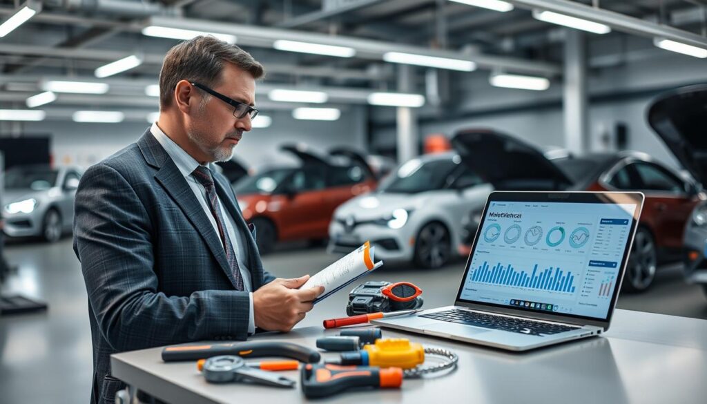 A professional automotive expert, known as "rzeczoznawca MOTOEXPERT," meticulously examining a car in a well-lit workshop space. The foreground features the expert, a middle-aged Caucasian man in a smart business attire, holding a clipboard and wearing safety glasses. In the middle ground, there are specific automotive tools neatly arranged on a workbench, alongside a laptop displaying complex data and valuation charts. The background showcases a modern garage with cars in various stages of inspection under bright LED lighting, creating a focused atmosphere. The composition captures the attention and professionalism of the expert as he assesses automobile value, embodying precision and reliability. The angle is slightly elevated, giving a comprehensive view of the workspace while ensuring clarity in the details.