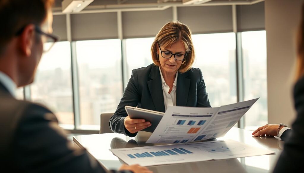 A professional business meeting focused on insurance valuation analysis. In the foreground, a well-dressed financial analyst, a middle-aged woman, studies documents on a tablet, highlighting key figures. Her expression is focused and analytical. In the middle, a sleek conference table is adorned with charts and graphs comparing insurance valuations, specifically "5,900 EUR" versus "11,800 EUR." In the background, a modern office setting with large windows letting in soft natural light, offering a view of a city skyline. The lighting is bright yet warm, creating an atmosphere of professionalism and insight, with a depth of field effect that subtly blurs the background, keeping attention on the analyst and the documents.