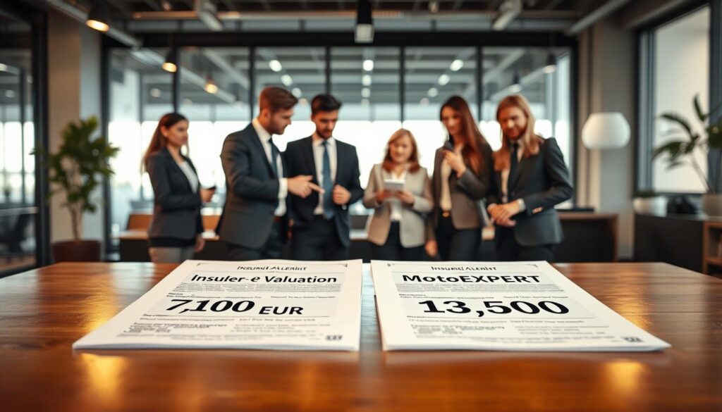 A professional business setting showcasing a side-by-side comparison of two insurance valuation documents. In the foreground, a polished wooden table displays two contrasting reports: one labeled "Insurer Valuation 7,100 EUR" and the other "MOTOEXPERT 13,500 EUR." Soft lighting casts a warm glow over the documents, highlighting their details. In the middle ground, a diverse group of business professionals, dressed in smart business attire, are engaged in discussion, pointing at the reports. The background features a modern office environment with large windows, allowing natural light to flood the space. The atmosphere conveys a sense of evaluation and analysis, reflecting the pros and cons of each valuation.