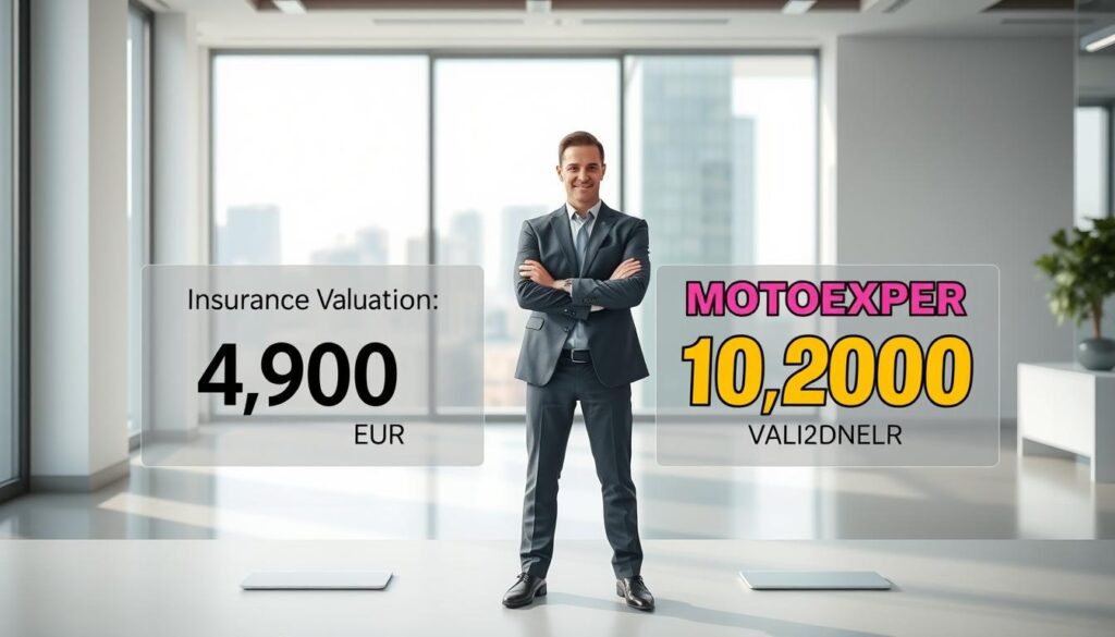 A professional comparison scene set in a modern office environment. In the foreground, two side-by-side animated charts display the valuation amounts: on the left, "Insurance Valuation: 4,900 EUR" with a sleek, minimalist design, and on the right, "MOTOEXPERT Valuation: 10,200 EUR" in a bold, colorful style. In the middle, a confident business professional in formal attire stands with arms crossed, observing the charts. The background features a bright, well-lit office space with large windows, showcasing a cityscape. Soft, natural lighting filters in, creating a calm, focused atmosphere. The camera angle is slightly elevated, offering a comprehensive view of the comparison, ensuring clarity and professionalism.