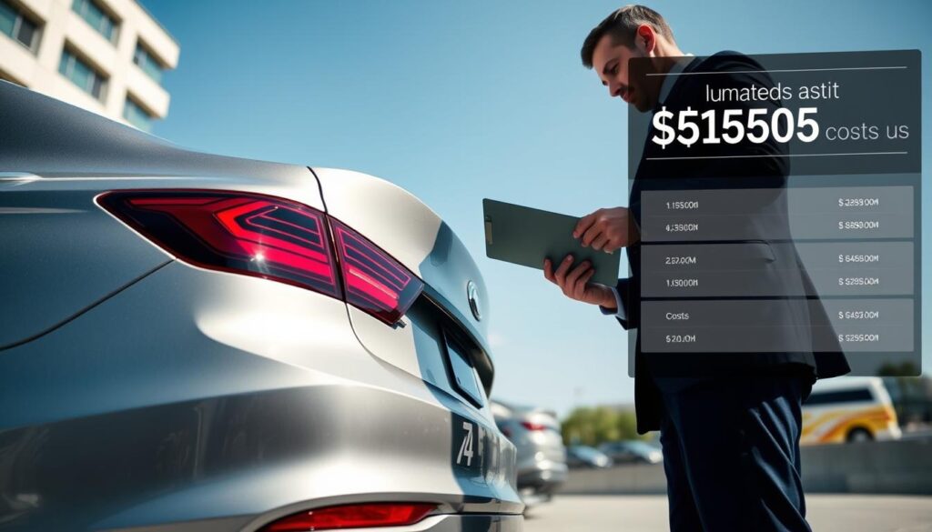 A professional insurance adjuster evaluating vehicle damage, standing next to a damaged car. The adjuster, dressed in formal attire, holds a clipboard and is attentively inspecting the rear bumper of a sleek, modern sedan under natural daylight. The scene is set in an urban environment with a clear blue sky in the background. To the side, a running graphic display showing estimated repair costs, subtly blended into the environment but clearly visible. The lighting is bright and flattering, emphasizing the adjuster’s focused expression. The mood is serious yet informative, capturing the essence of thorough damage assessment by MOTOEXPERT. The angle is slightly low, providing a dynamic view of the scene while maintaining professionalism.