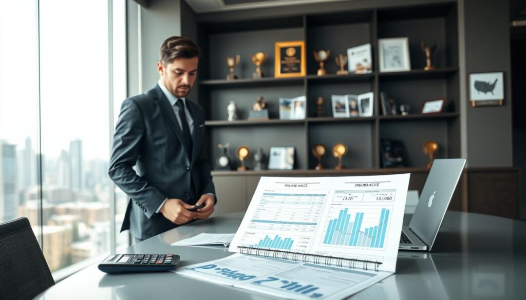 A professional insurance agent in business attire stands confidently at a sleek, modern office desk, reviewing a detailed insurance quote document. In the foreground, the agent is focused, with a calculator and a laptop open, displaying graphs and figures related to the insurance valuation. The middle ground features a large window revealing a city skyline, with soft natural light illuminating the space. In the background, shelves filled with insurance brochures and awards create an atmosphere of credibility and expertise. The overall mood is one of professionalism and seriousness, emphasizing the importance of accurate insurance valuation. The composition is slightly angled to provide depth, capturing the essence of a financial environment.