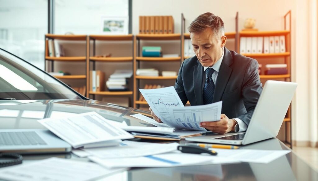 A professional insurance appraiser, dressed in smart business attire, is meticulously examining a car in a well-lit office setting. In the foreground, a sleek desk is cluttered with documents, measuring tools, and an analytical laptop displaying data. The appraiser, a middle-aged individual with short hair, looks focused and intent as they analyze the vehicle’s condition and value. In the middle ground, shelves lined with reference books and charts about car valuations provide context. The background features a large window, letting in natural light, creating a bright and airy atmosphere. The scene conveys professionalism, diligence, and a thorough approach to manual valuation processes in the insurance industry. The angle is slightly angled from the side, emphasizing both the appraiser's work and the environment around them.
