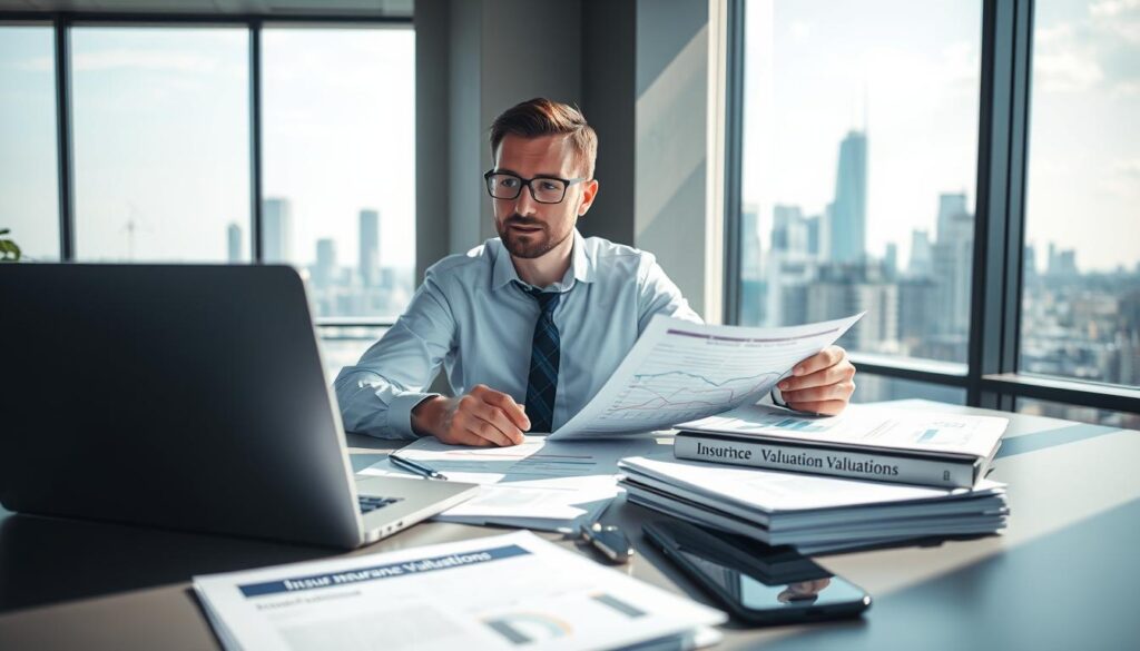 A professional insurance consultant is seated at a desk in a modern office, analyzing vehicle valuation reports with a focused expression. In the foreground, detail a laptop displaying charts and graphs related to vehicle insurance valuations. The middle ground features a stack of documents labeled "Insurance Valuations" and a smartphone, indicating communication with clients. In the background, large windows let in natural light, revealing a city skyline that suggests a bustling business environment. The color palette includes calming blues and grays, enhancing the atmosphere of professionalism and accuracy. The scene is well-lit, with soft shadows casting across the desk, promoting a sense of clarity and precision in the valuation process.