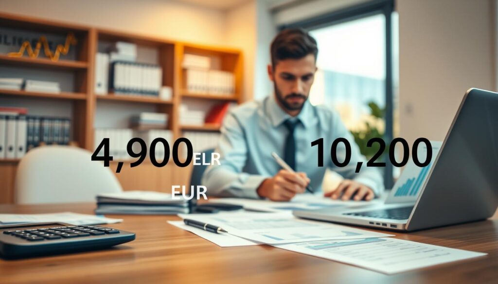 A professional insurance valuation scene featuring two distinct values: "4,900 EUR" and "10,200 EUR" represented visually. In the foreground, a stylish desk with a modern calculator, financial documents, and a laptop displaying graphs. The middle layer shows a serious professional, dressed in business attire, analyzing the data while taking notes. In the background, a softly blurred office environment with shelves filled with insurance books and a window allowing natural light to illuminate the workspace. The lighting is warm and inviting, creating a thoughtful atmosphere, emphasizing diligence and expertise in insurance evaluations. The image should evoke a sense of professionalism and attention to detail, capturing the essence of valuation practices without any text or identifiers.